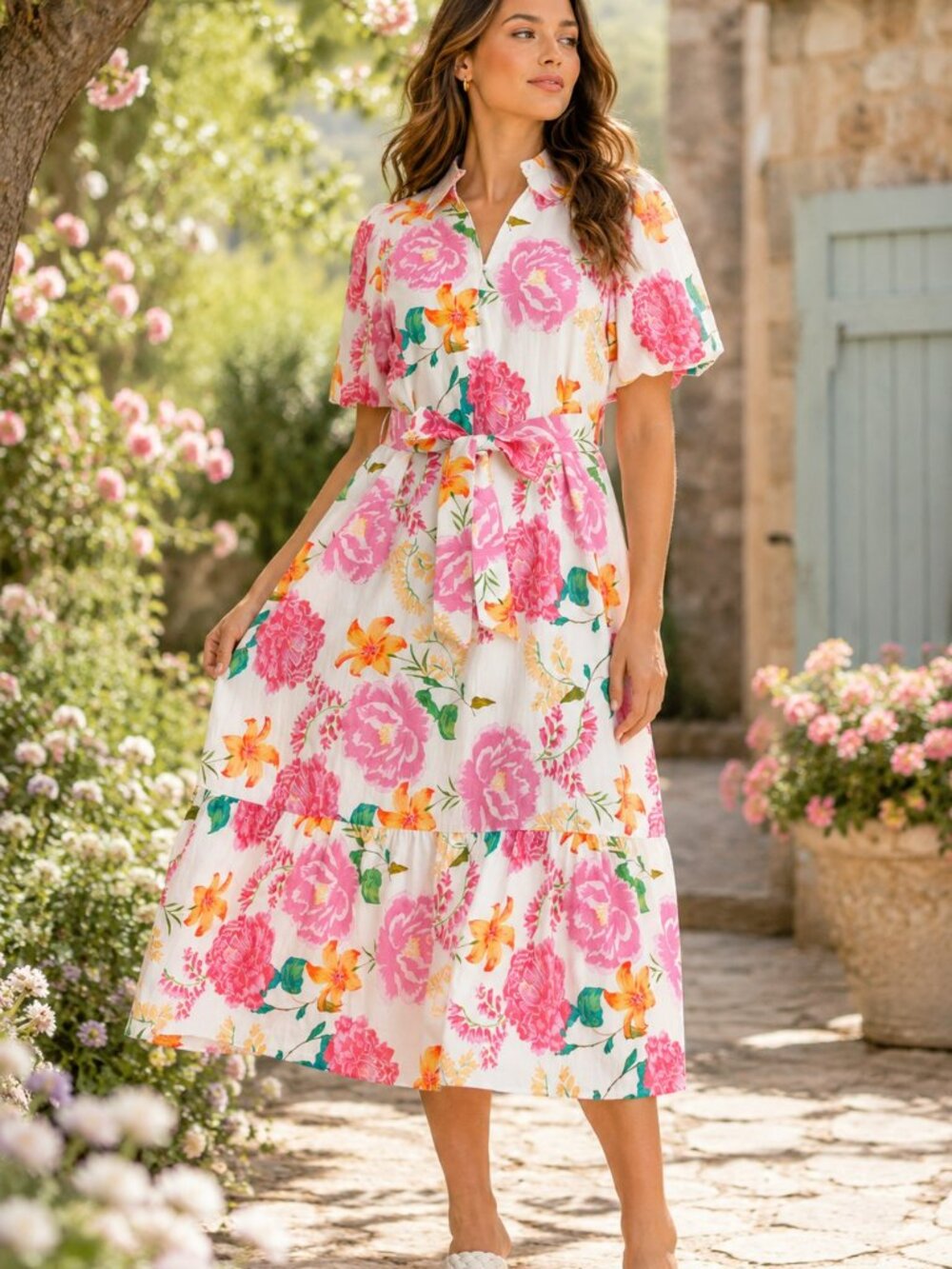 NWT Entro Floral Print Puff Sleeve Midi Dress – Pink Multi